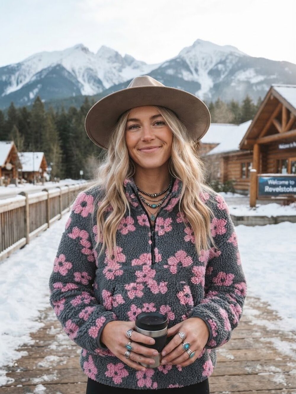 Floral Sherpa Pullover - Pink on Gray